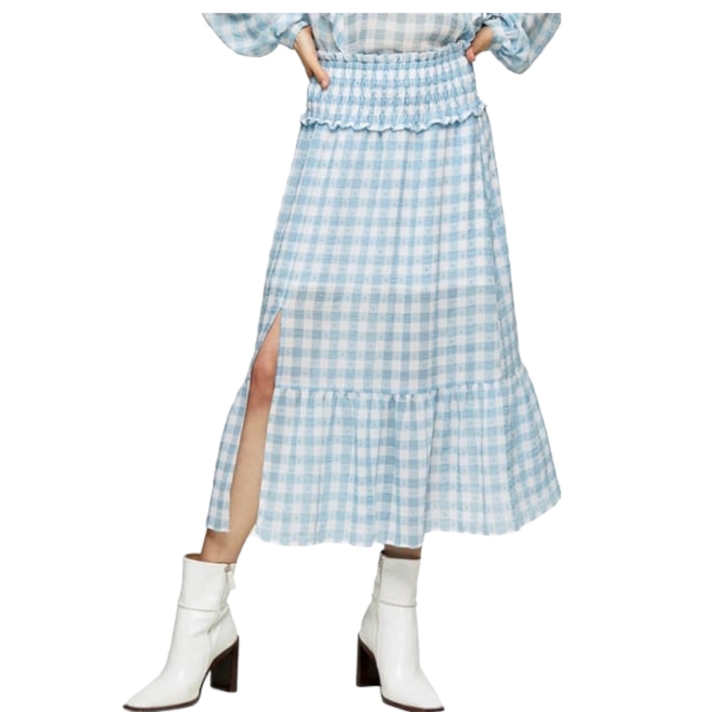 TOPSHOP Gingham Smocked Tiered Midi Skirt SZ 8‎